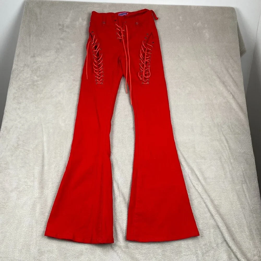 Edikted Woman's Pants XS Red Lace-Up Flared Bell Bottom Cotton Blend Retro Y2K S
